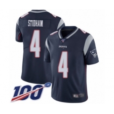 Men's New England Patriots #4 Jarrett Stidham Navy Blue Team Color Vapor Untouchable Limited Player 100th Season Football Jersey
