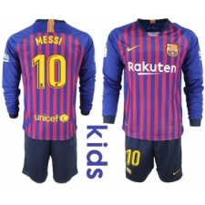 Barcelona #10 Messi Home Long Sleeves Kid Soccer Club Jersey