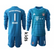 Bayern Munchen #1 Neuer Blue Goalkeeper Long Sleeves Kid Soccer Club Jersey