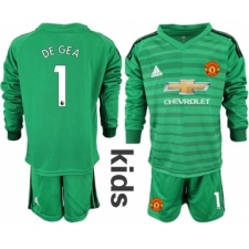 Manchester United #1 De Gea Green Goalkeeper Long Sleeves Kid Soccer Club Jersey