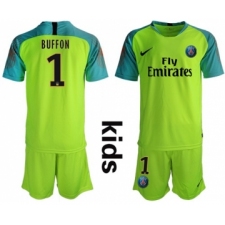 Paris Saint Germain #1 Buffon Shiny Green Goalkeeper Kid Soccer Club Jersey