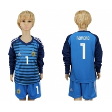 Argentina #1 Romero Blue Long Sleeves Goalkeeper Kid Soccer Country Jersey