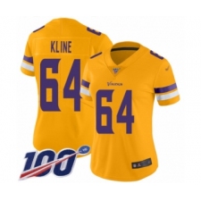 Women's Minnesota Vikings #64 Josh Kline Limited Gold Inverted Legend 100th Season Football Jersey