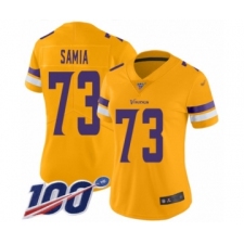 Women's Minnesota Vikings #73 Dru Samia Limited Gold Inverted Legend 100th Season Football Jersey