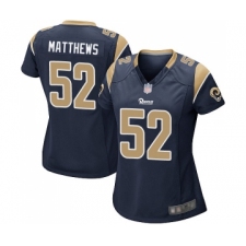 Women's Los Angeles Rams #52 Clay Matthews Game Navy Blue Team Color Football Jersey