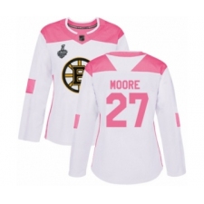 Women's Boston Bruins #27 John Moore Authentic White Pink Fashion 2019 Stanley Cup Final Bound Hockey Jersey