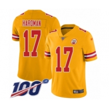 Men's Kansas City Chiefs #17 Mecole Hardman Limited Gold Inverted Legend 100th Season Football Jersey