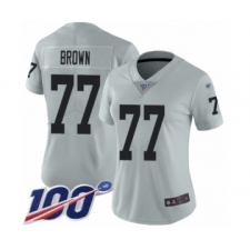 Women's Oakland Raiders #77 Trent Brown Limited Silver Inverted Legend 100th Season Football Jersey