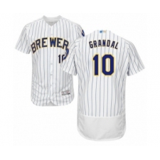 Men's Milwaukee Brewers #10 Yasmani Grandal White Home Flex Base Authentic Collection Baseball Jersey