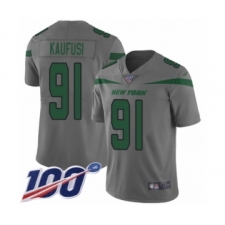 Men's New York Jets #91 Bronson Kaufusi Limited Gray Inverted Legend 100th Season Football Jersey