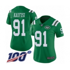 Women's New York Jets #91 Bronson Kaufusi Limited Green Rush Vapor Untouchable 100th Season Football Jersey