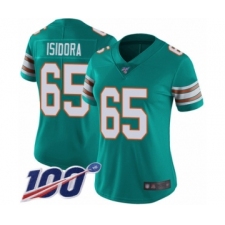 Women's Miami Dolphins #65 Danny Isidora Aqua Green Alternate Vapor Untouchable Limited Player 100th Season Football Jersey
