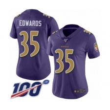 Women's Baltimore Ravens #35 Gus Edwards Limited Purple Rush Vapor Untouchable 100th Season Football Jersey