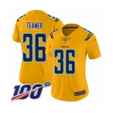Women's Los Angeles Chargers #36 Roderic Teamer Limited Gold Inverted Legend 100th Season Football Jersey