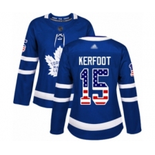 Women's Toronto Maple Leafs #15 Alexander Kerfoot Authentic Royal Blue USA Flag Fashion Hockey Jersey