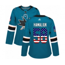 Women's San Jose Sharks #58 Dillon Hamaliuk Authentic Teal Green USA Flag Fashion Hockey Jersey