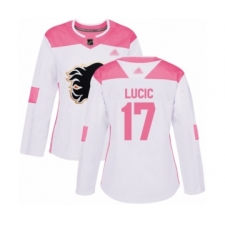Women's Calgary Flames #17 Milan Lucic Authentic White Pink Fashion Hockey Jersey