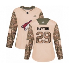 Women's Arizona Coyotes #29 Barrett Hayton Authentic Camo Veterans Day Practice Hockey Jersey