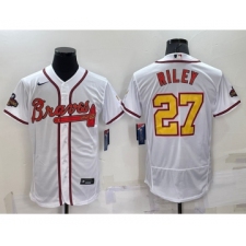 Men's Atlanta Braves #27 Austin Riley White Gold 2021 World Series Champions Stitched MLB Flex Base Jersey