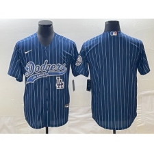 Men's Los Angeles Dodgers Blue Pinstripe Blank Cool Base Stitched Baseball Jersey