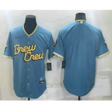 Men's Milwaukee Brewers Blank Blue 2022 City Connect Cool Base Stitched Jersey