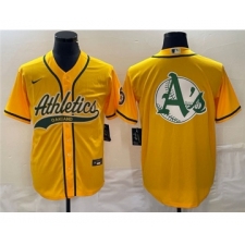 Men's Oakland Athletics Yellow Team Big Logo Cool Base Stitched Baseball Jersey 001