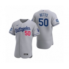 Men's Los Angeles Dodgers #50 Mookie Betts Gray 2020 World Series Champions Road Authentic Jersey