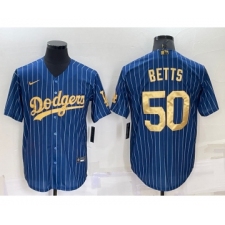 Men's Los Angeles Dodgers #50 Mookie Betts Navy Blue Gold Pinstripe Stitched MLB Cool Base Nike Jersey