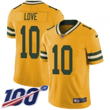 Youth Green Bay Packers #10 Jordan Love Yellow Stitched NFL Limited Rush 100th Season Jersey