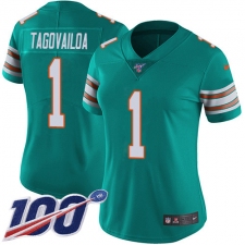 Women's Miami Dolphins #1 Tua Tagovailoa Aqua Green Alternate Stitched 100th Season Vapor Untouchable Limited Jersey