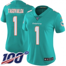 Women's Miami Dolphins #1 Tua Tagovailoa Aqua Green Team Color Stitched 100th Season Vapor Untouchable Limited Jersey