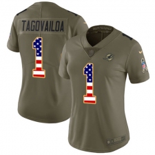 Women's Miami Dolphins #1 Tua Tagovailoa Olive USA Flag Stitched Limited 2017 Salute To Service Jersey