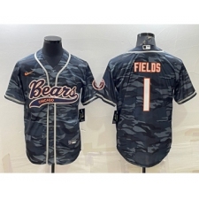 Men's Chicago Bears Blank #1 Justin Fields Grey Camo With Patch Cool Base Stitched Baseball Jersey