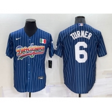 Men's Los Angeles Dodgers #6 Trea Turner Rainbow Blue Red Pinstripe Mexico Cool Base Nike Jersey
