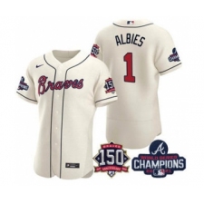 Men's Atlanta Braves #1 Ozzie Albies 2021 Cream World Series Champions With 150th Anniversary Flex Base Stitched Jersey