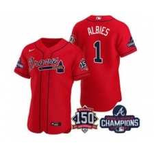 Men's Atlanta Braves #1 Ozzie Albies 2021 Red World Series Champions With 150th Anniversary Flex Base Stitched Jers