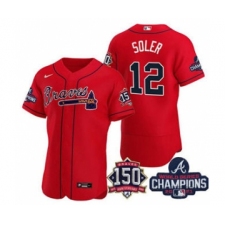 Men's Atlanta Braves #12 Jorge Soler 2021 Red World Series Champions With 150th Anniversary Flex Base Stitched Jersey