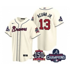 Men's Atlanta Braves #13 Ronald Acuna Jr. 2021 Cream World Series Champions With 150th Anniversary Patch Cool Base Stitched Jersey