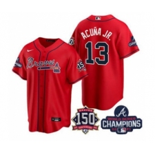 Men's Atlanta Braves #13 Ronald Acuna Jr. 2021 Red World Series Champions With 150th Anniversary Patch Cool Base Stitched Jersey