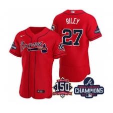 Men's Atlanta Braves #27 Austin Riley 2021 Red World Series Champions With 150th Anniversary Flex Base Stitched Jersey