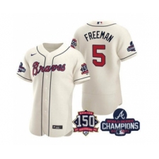 Men's Atlanta Braves #5 Freddie Freeman 2021 Cream World Series Champions With 150th Anniversary Flex Base Stitched Jersey