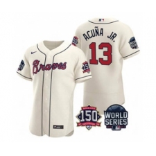 Men's Atlanta Braves #13 Ronald Acuna Jr. 2021 Cream World Series Flex Base With 150th Anniversary Patch Baseball Jersey