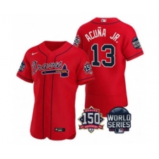Men's Atlanta Braves #13 Ronald Acuna Jr. 2021 Red World Series Flex Base With 150th Anniversary Patch Baseball Jersey