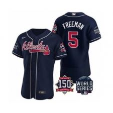 Men's Atlanta Braves #5 Freddie Freeman 2021 Navy World Series Flex Base With 150th Anniversary Patch Baseball Jersey