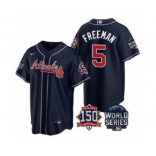 Men's Atlanta Braves #5 Freddie Freeman 2021 Navy World Series With 150th Anniversary Patch Cool Base Baseball Jersey