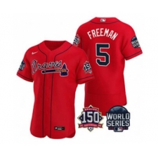 Men's Atlanta Braves #5 Freddie Freeman 2021 Red World Series Flex Base With 150th Anniversary Patch Baseball Jersey