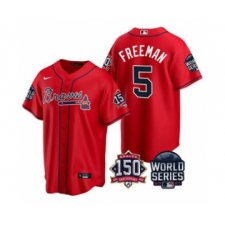 Men's Atlanta Braves #5 Freddie Freeman 2021 Red World Series With 150th Anniversary Patch Cool Base Baseball Jersey
