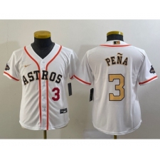 Youth Houston Astros #3 Jeremy Pena Number 2023 White Gold World Serise Champions Cool Base Stitched Jerseys
