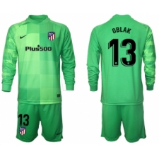 Men 2021-2022 Club Atletico Madrid green goalkeeper Long Sleeve 13 Soccer Jersey
