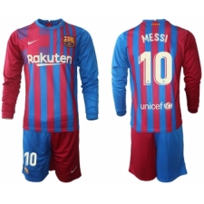 Men 2021-2022 Club Barcelona home red blue Long Sleeve 10 Nike Soccer Jerseys